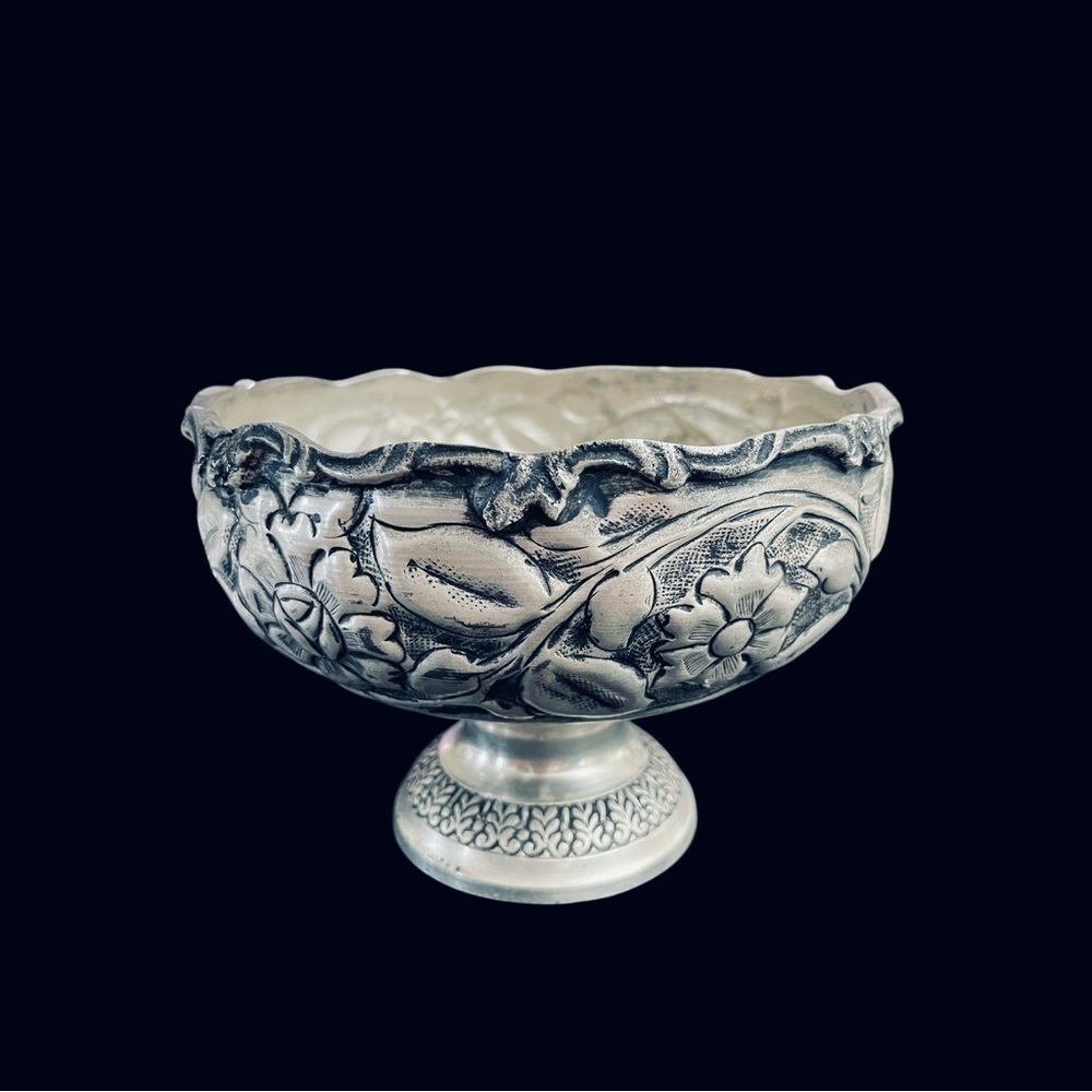 Vtg Forever Lovely and Beautiful Lacquered Silver Plate Floral Etched Bowl India